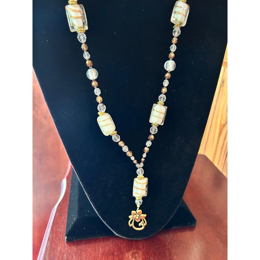 Vintage White Gold Glass Bead Necklace Floral Pendant Slip On No Clasp 16”